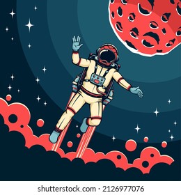 Atronaut vuela con jetpack en el espacio cerca del planeta rojo con cráteres. Astronauta retro y planeta Marte - afiche vintage. Imagen vectorial.