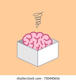 Atrophied brain in the box. Vector concept illustration of mind which stopped developed | flat design linear infographic icon on blue background