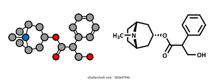 Atropine deadly nightshade (Atropa belladonna) alkaloid molecule. Medicinal drug and poison also found in Jimson weed (Datura stramonium) and mandrake (Mandragora officinarum).