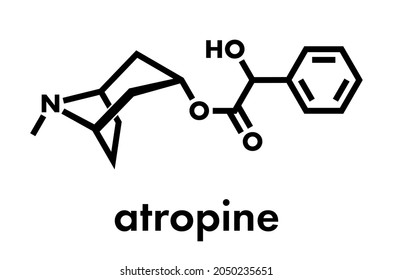 Atropine deadly nightshade (Atropa belladonna) alkaloid molecule. Medicinal drug and poison also found in Jimson weed (Datura stramonium) and mandrake (Mandragora officinarum). Skeletal formula.