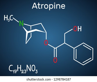 Atropine drug molecule. It is plant alkaloid. Structural chemical formula on the dark blue background. Vector illustration 