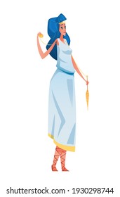 Atropos. Ancient greek goddess with a ball of yarn in one hand and a spindle in the other. The mythological deity of Olympia. Vector illustration.