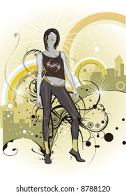 atrractive girl on modern urban background with floral ornaments