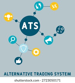 ATS - Abkürzung für alternatives Handelssystem. Hintergrund des Geschäftskonzepts Vektorgrafik mit Schlagwörtern und Symbolen. Beschriftungsgrafik mit Symbolen für Webbanner, Flyer, Landung
