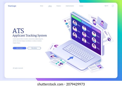 ATS, applicant tracking system isometric landing page. Business concept with candidates profiles on laptop screen. Files and cv information organization for hiring and recruitment 3d vector web banner