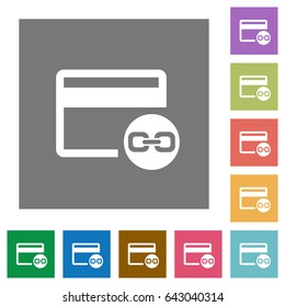 Attach credit card to account flat icons on simple color square backgrounds