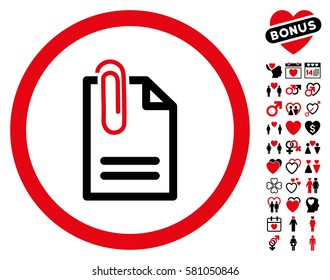 Attach Document icon with bonus decorative pictures. Vector illustration style is flat iconic intensive red and black symbols on white background.