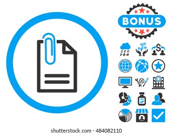 Attach Document icon with bonus design elements. Vector illustration style is flat iconic bicolor symbols, blue and gray colors, white background.