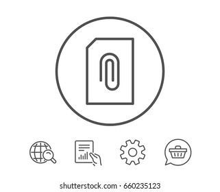 Attach Document line icon. Information File sign. Paper page concept symbol. Upload data. Hold Report, Service and Global search line signs. Shopping cart icon. Editable stroke. Vector