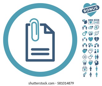 Attach Document pictograph with bonus passion pictograph collection. Vector illustration style is flat iconic cyan and blue symbols on white background.
