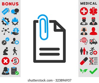 Attach Document vector icon. Style is bicolor flat symbol, blue and gray colors, rounded angles, white background.