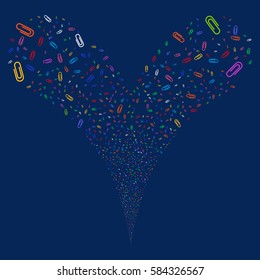 Attach fireworks stream. Vector illustration style is flat bright multicolored iconic symbols on a blue background. Object double fountain made from random icons.