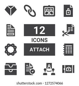 attach icon set. Collection of 12 filled attach icons included Picture, Gallery, File, Inbox, Chain, Link, Sharpen