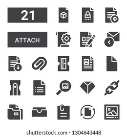attach icon set. Collection of 21 filled attach icons included Picture, File, Attached file, Inbox, Link, Sharpen, Sharpener, Paper clip, Reply