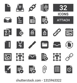 attach icon set. Collection of 32 filled attach icons included File, Clip, Link, Text editor, Inbox, Picture, Files, Push pin, Attached file