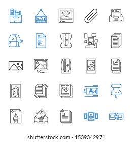 attach icons set. Collection of attach with link, picture, files, inbox, file, pushpin, text editor, sharpener, clip. Editable and scalable attach icons.