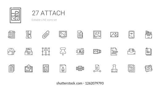 attach icons set. Collection of attach with paper clip, file, picture, pictures, files, text editor, pushpin, text formatting, inbox, sharpener. Editable and scalable attach icons.