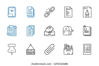 attach icons set. Collection of attach with picture, files, clip, pushpin, sharpener, inbox, file, link, paper clip. Editable and scalable attach icons.