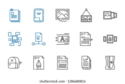 attach icons set. Collection of attach with sharpener, file, picture, text editor, paper clip, files. Editable and scalable attach icons.