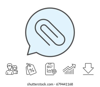 Attach line icon. Attachment paper clip sign. Office stationery object symbol. Report, Sale Coupons and Chart line signs. Download, Group icons. Editable stroke. Vector