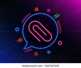 Attach line icon. Neon laser lights. Attachment paper clip sign. Office stationery object symbol. Glow laser speech bubble. Neon lights chat bubble. Banner badge with paper clip icon. Vector
