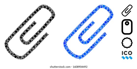 Attach mosaic of filled circles in various sizes and color tints, based on attach icon. Vector filled circles are combined into blue illustration. Dotted attach icon in usual and blue versions.