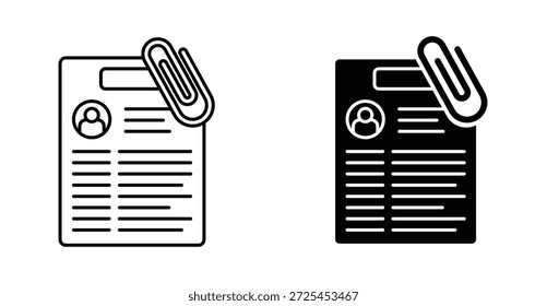 Icono de adjuntar currículum. Línea con trazo editable y plano para Web de Clip de papel de documento en blanco y negro