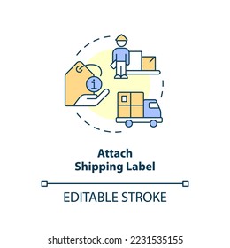 Attach shipping label concept icon. Packages requirements. Compliance with mail norms abstract idea thin line illustration. Isolated outline drawing. Editable stroke. Arial, Myriad Pro-Bold fonts used
