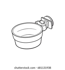 Attachable plastic pet, cat, dog bowl for kennels and crates, sketch style vector illustration isolated on white background. Hand drawn plastic bowl for feeding pets, cat dogs with attachment bracket