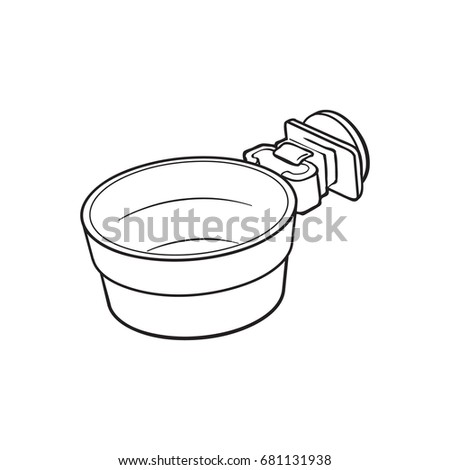 Attachable plastic pet, cat, dog bowl for kennels and crates, sketch style vector illustration isolated on white background. Hand drawn plastic bowl for feeding pets, cat dogs with attachment bracket