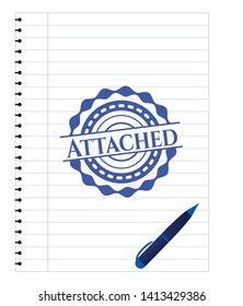 Attached blue ink pen emblem. Vector Illustration. Detailed.