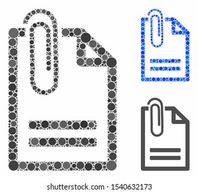 Attached document mosaic of small circles in variable sizes and shades, based on attached document icon. Vector small circles are composed into blue collage.