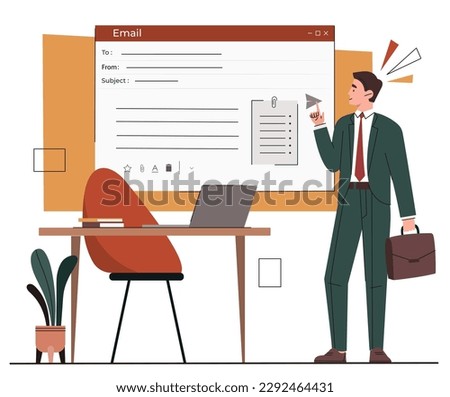 Attached files concept. Man in suit with suitcase sends email. Business correspondence and communication on Internet. Guy sending letter. Cartoon flat vector illustration