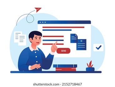 Attached files concept. Young guy illustrates his report with photos and videos. Modern technologies and digital world. Cloud service and remote employee metaphor. Cartoon flat vector illustration