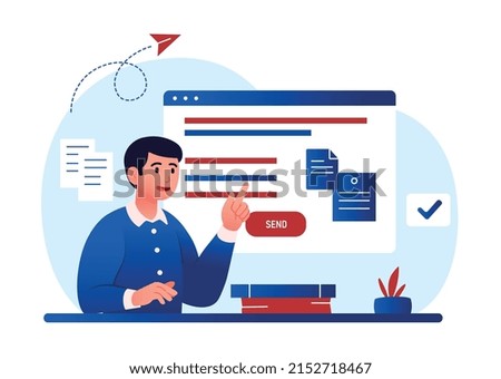 Attached files concept. Young guy illustrates his report with photos and videos. Modern technologies and digital world. Cloud service and remote employee metaphor. Cartoon flat vector illustration