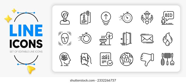 Attached info, Face detection and Timer line icons set for app include Grill tools, Flammable fuel, Auction outline thin icon. Grill, Businesswoman person, Door pictogram icon. Lock. Vector