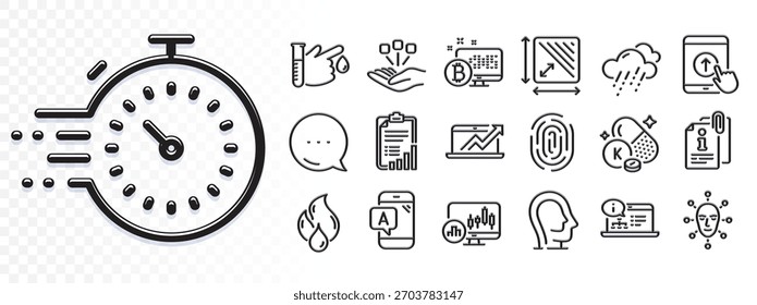 Attached info, Online documentation and Flammable fuel line icons for web app. Glare of light effect. Message icon. Pack of Face biometrics, Ab testing, Vitamin k pictogram icons. Vector