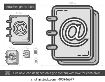 Angehängtes Foto, Vektorsymbol einzeln auf weißem Hintergrund. Angehängtes Foto-Line-Symbol für Infografik, Website oder App. Skalierbares Symbol, das auf einem Gittersystem entworfen wurde.