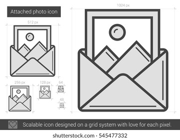 Attached photo vector line icon isolated on white background. Attached photo line icon for infographic, website or app. Scalable icon designed on a grid system.