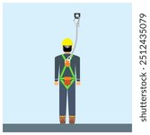 Attached the safety harness hook to the top of the head anchorage point vector illustration. Construction and industrial personal protective equipment for working at height. Fall factor zero.