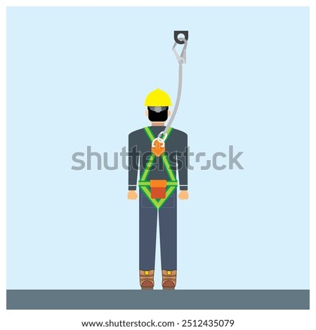 Attached the safety harness hook to the top of the head anchorage point vector illustration. Construction and industrial personal protective equipment for working at height. Fall factor zero.