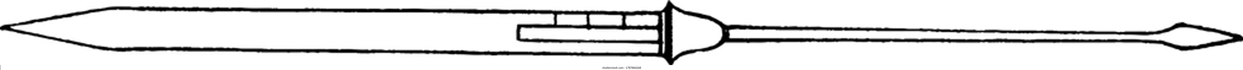 The attaching point for the spear point of the Roman javelin, or pila. It was used by the Roman army in ancient times and is about 2 metres in length with an iron shank, vintage line drawing.