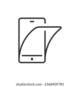 Attaching a protective film to the smartphone screen, linear icon. Line with editable stroke