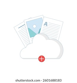 Attachment File Concept. Cloud Storage with Documents. Documents, files, information. data and file information on cloud computing technology network storage space. Flat Design Illustration.
