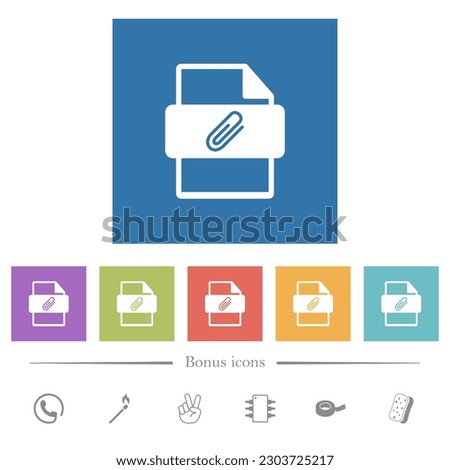 Attachment file type flat white icons in square backgrounds. 6 bonus icons included.