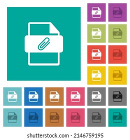 Attachment file type multi colored flat icons on plain square backgrounds. Included white and darker icon variations for hover or active effects.