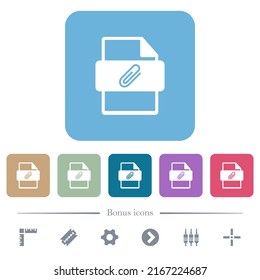 Attachment file type white flat icons on color rounded square backgrounds. 6 bonus icons included