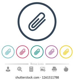Attachment flat color icons in round outlines. 6 bonus icons included.