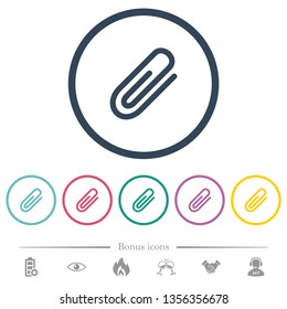 Attachment flat color icons in round outlines. 6 bonus icons included.