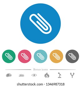 Attachment flat white icons on round color backgrounds. 6 bonus icons included.